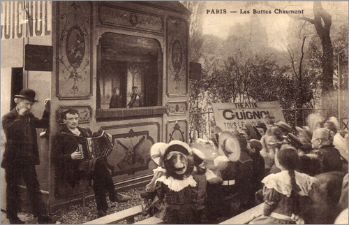 Spectacle de Guignol à Paris (les Buttes Chaumont) au 19 ème siècle - Cliquez pour zoomer